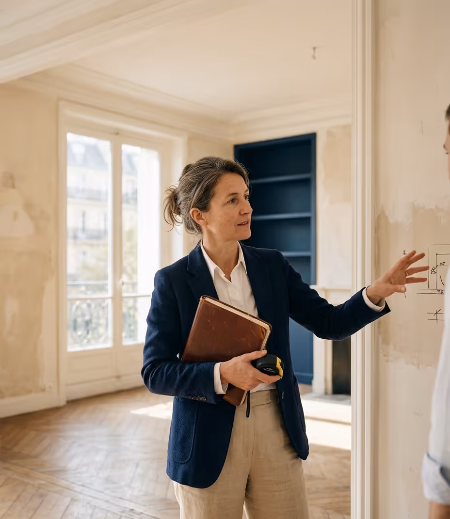 Architecte d'intérieur Archimaides en visite conseils chez un client à Toulouse, prise de notes sur carnet
